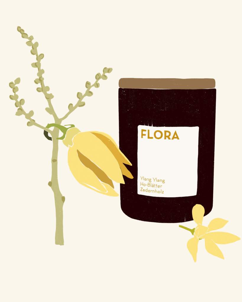 A product illustration that was commissioned by UpCandle for their social media presence, Instagram. It shows their candle "Flora" with its main ingredient, the flower Ylang Ylang.